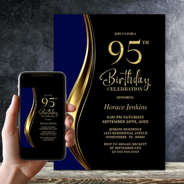 Invitación Fiesta del 95 cumpleaños de Black Gold Blue (Subido por el creador)