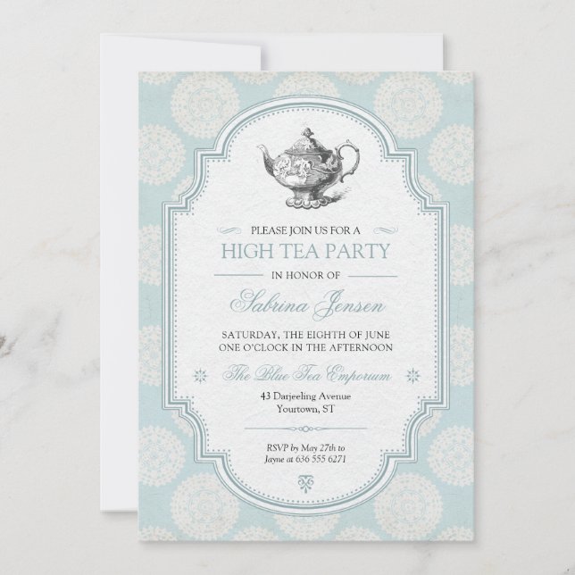 Invitación Fiesta del alta té azul victoriano (Anverso)
