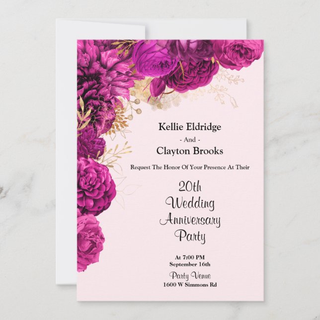 Invitación Fiesta del Aniversario Boda Floral Rosa Y Oro (Anverso)