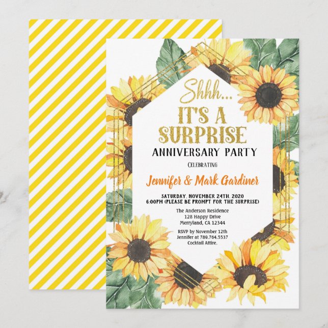 Invitación Fiesta del aniversario de la sorpresa del girasol (Anverso / Reverso)
