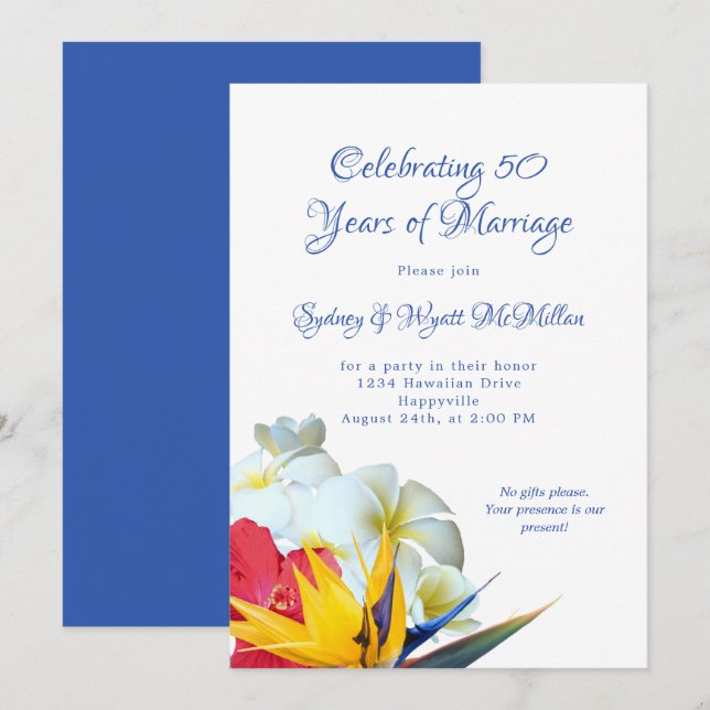 Invitación Fiesta del Aniversario de las Flores de Hawái (Anverso / Reverso)