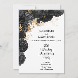 Invitación Fiesta del Aniversario del Boda Floral Negro Y Oro
