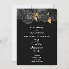 Invitación Fiesta del Aniversario del Boda Floral Negro Y Oro