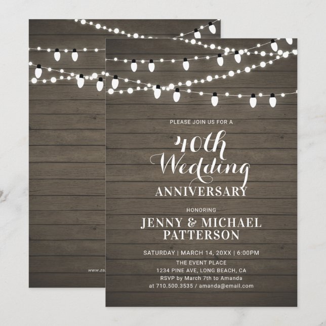 Invitación Fiesta del Aniversario del Boda Rustic Wood & Ligh (Anverso / Reverso)