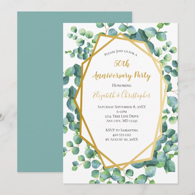 Invitación Fiesta del Aniversario del Oro Eucalyptus (Anverso / Reverso)