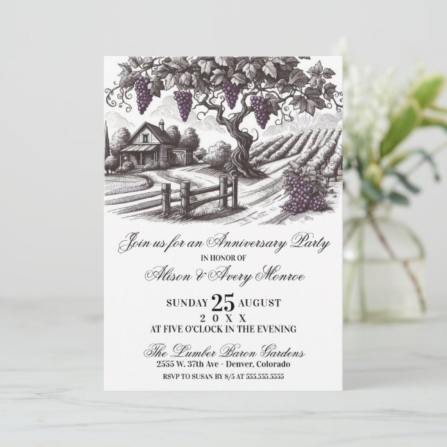 Invitación Fiesta del Aniversario del Viñedo Vintage (Anverso de pie)
