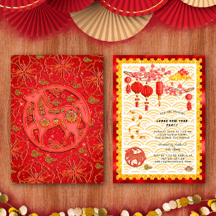 Invitación Fiesta del Año Nuevo Chino Caballo Floral Oro Rojo