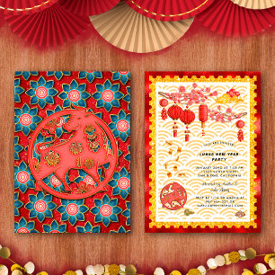Invitación Fiesta del Año Nuevo Chino del Buey Zodiacal Flora