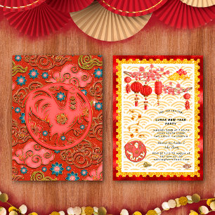Invitación Fiesta del Año Nuevo Chino del Gallo de Oro Rojo