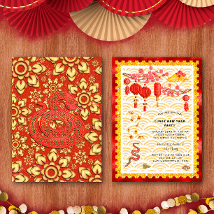 Invitación Fiesta del Año Nuevo Chino Serpiente de Oro Rojo Z