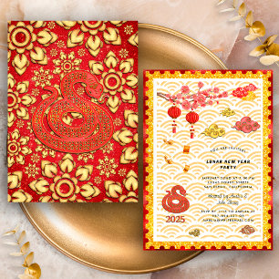 Invitación Fiesta del Año Nuevo Chino Serpiente Floral Oro Ro
