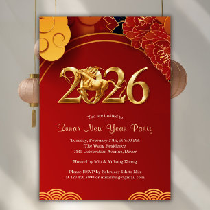 Invitación Fiesta del Año Nuevo Lunar Chino Caballo Red Gold