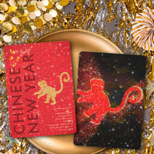 Invitación Fiesta del Año Nuevo Lunar del Mono con Brillo Dor