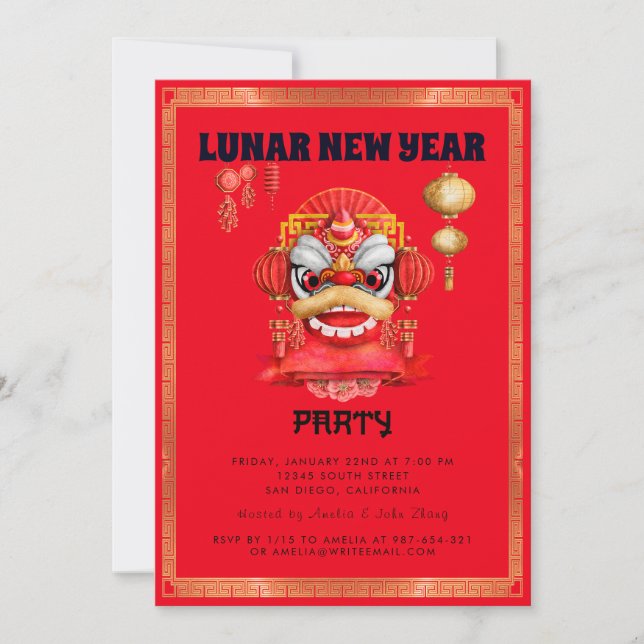 Invitación Fiesta del Año Nuevo Lunar Rojo y Oro (Anverso)