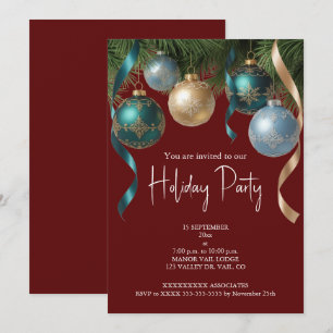 Invitación Fiesta del árbol de Navidad con adornos dorados el