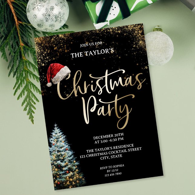 Invitación Fiesta del Árbol de Navidad con Brillo Moderno y E (Modern Elegant Glitter Christmas Tree Party Invitation with gold writing and santa's cap)