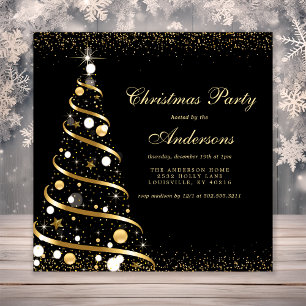 Invitación Fiesta del Árbol de Navidad con Brillo Negro Elega