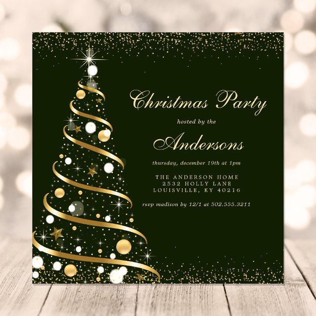 Invitación Fiesta del Árbol de Navidad con Brillo Verde Elega (Subido por el creador)
