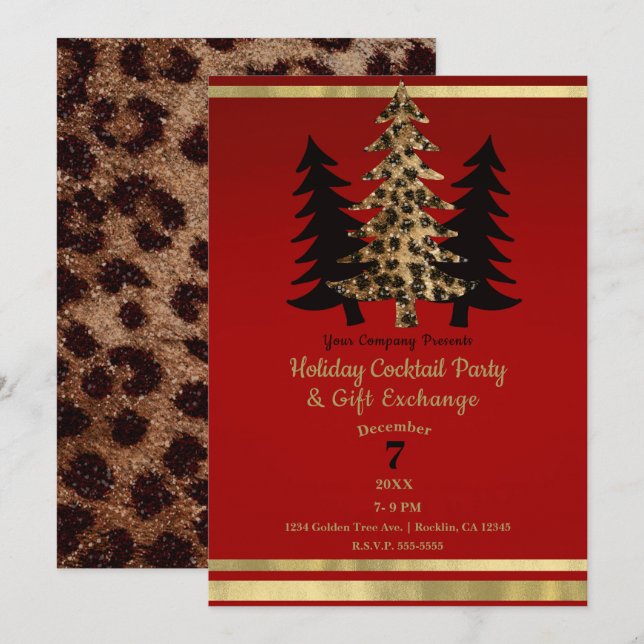 Invitación Fiesta del árbol de navidad del leopardo de oro ro (Anverso / Reverso)