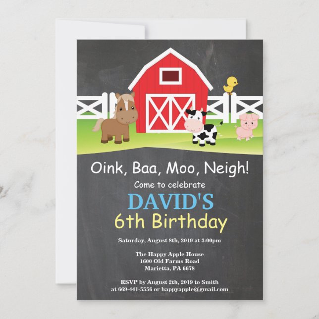 Invitación Fiesta del Barnyard de la granja Chalkboard (Anverso)
