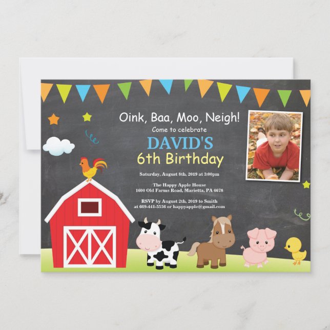 Invitación Fiesta del Barnyard de la granja Chalkboard (Anverso)