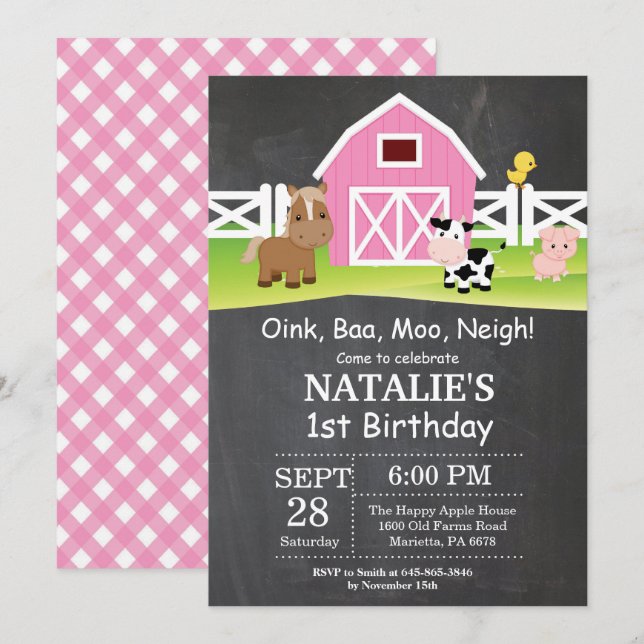 Invitación Fiesta del Barnyard de la granja Chalkboard (Anverso / Reverso)