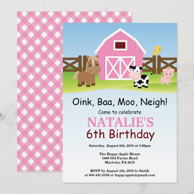 Invitación Fiesta del Barnyard invitando a la granja (Anverso / Reverso)