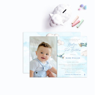 Invitación Fiesta del bautismo de cumpleaños 1.ᵉʳ avión de ju