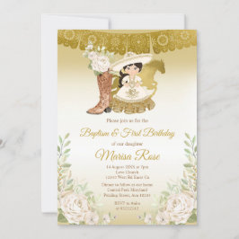 Invitación Fiesta del bautismo floral blanco de oro mexicano 