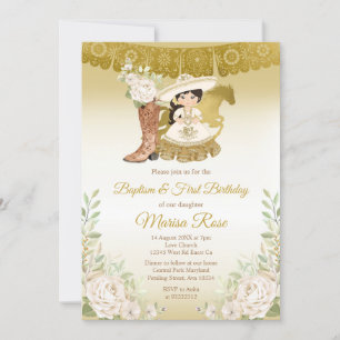 Invitación Fiesta del bautismo floral blanco de oro mexicano