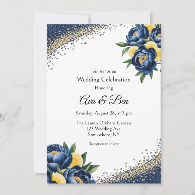 Invitación Fiesta del Boda floral de Navy Peony Citrus Paint  (Anverso)