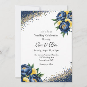 Invitación Fiesta del Boda floral de Navy Peony Citrus Paint 