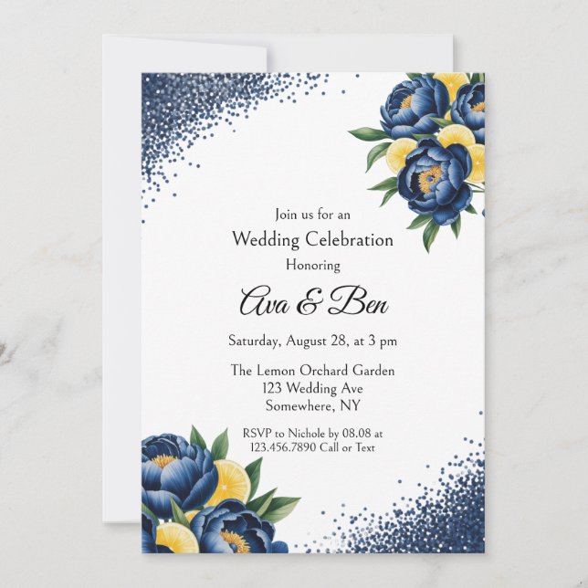 Invitación Fiesta del Boda floral de Navy Peony Citrus Paint  (Anverso)