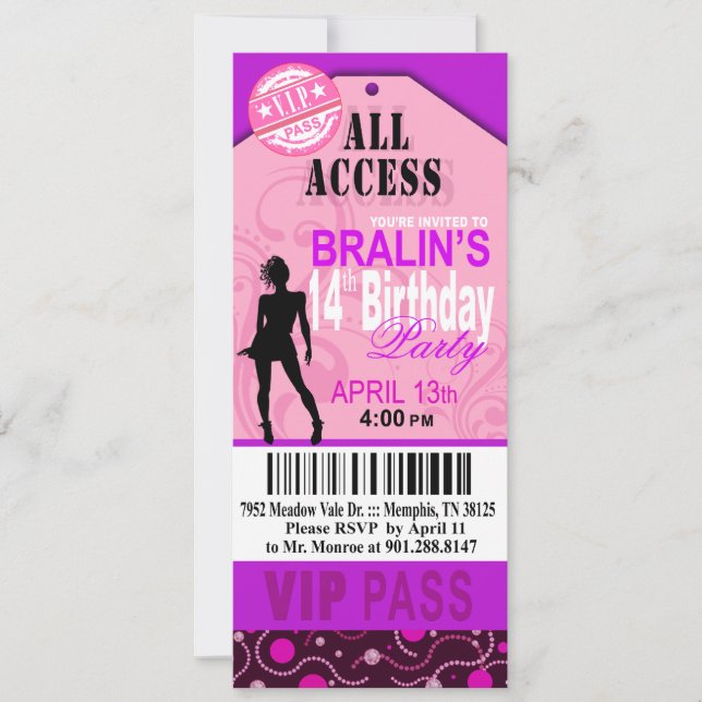 Invitación Fiesta del boleto del cumpleaños del VIP de la (Anverso)