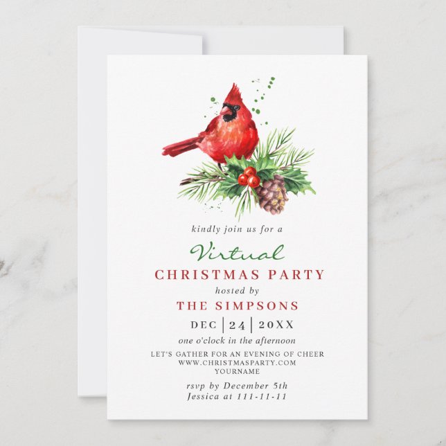 Invitación Fiesta del Cardenal Rojo Holly Berry Navidades VIR (Anverso)