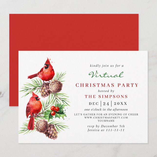 Invitación Fiesta del Cardenal Rojo Holly Berry Navidades VIR (Anverso / Reverso)