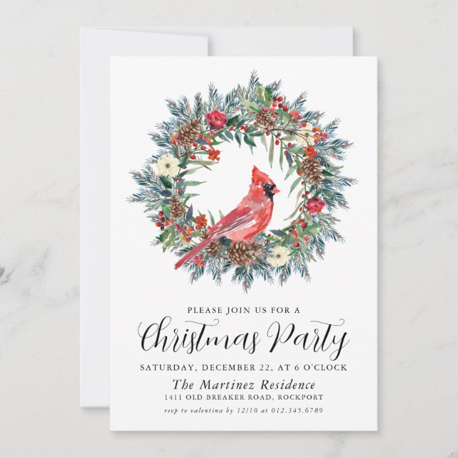 Invitación Fiesta del Cardenal Rojo Wreath Navidades (Anverso)