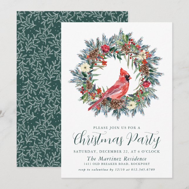 Invitación Fiesta del Cardenal Rojo Wreath Navidades (Anverso / Reverso)
