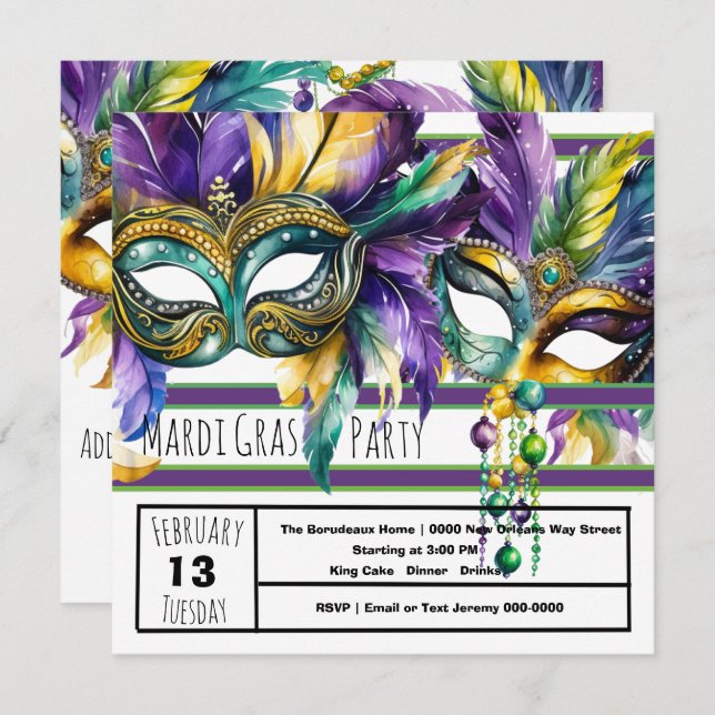 Invitación Fiesta del Carnaval de Mardi Gras (Anverso / Reverso)