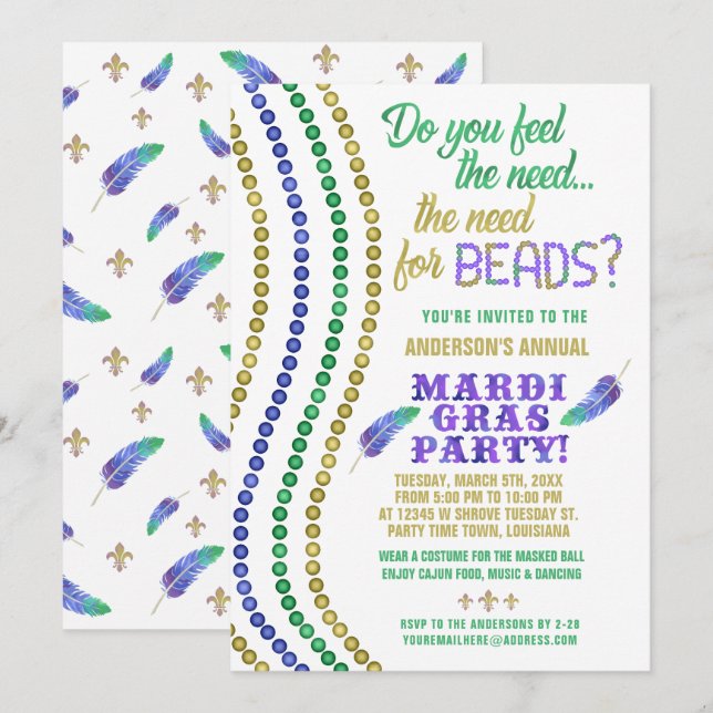 Invitación Fiesta del Carnaval de Mardi Gras curiosa necesida (Anverso / Reverso)