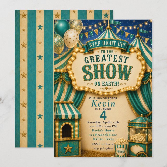 Invitación Fiesta del Circo Azul Turquesa (Anverso / Reverso)