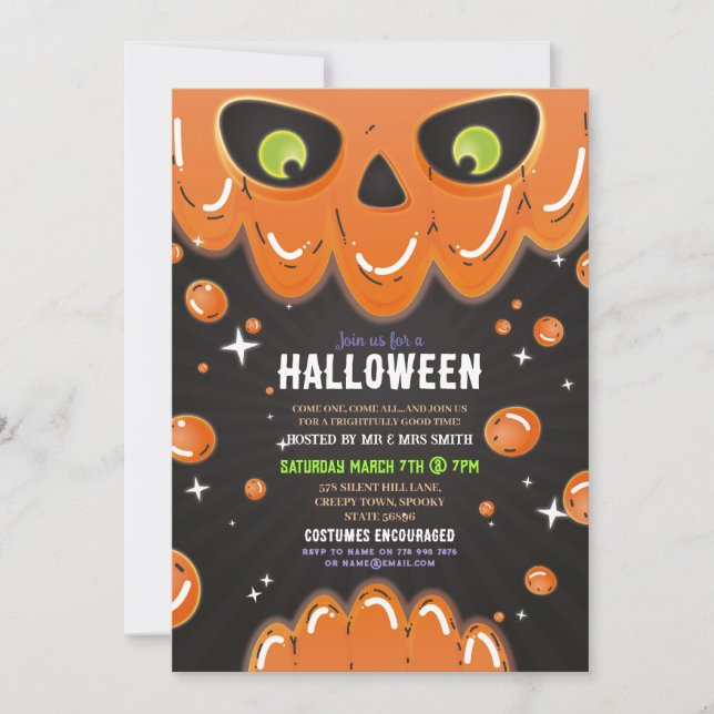 Invitación Fiesta del cráneo de Halloween Neon Black Gotheye (Anverso)