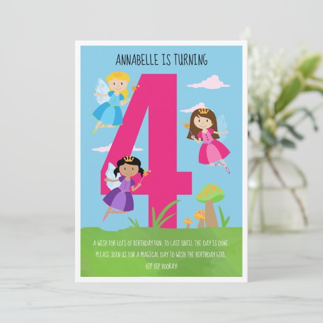 Invitación Fiesta del cuarto cumpleaños de la princesa Fairy  (Anverso de pie)