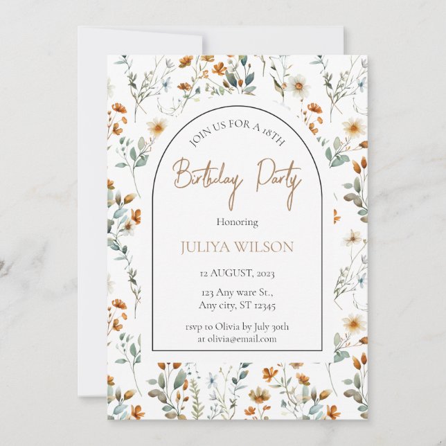 Invitación Fiesta del cumpleaños de la chica de Flor silvestr (Anverso)