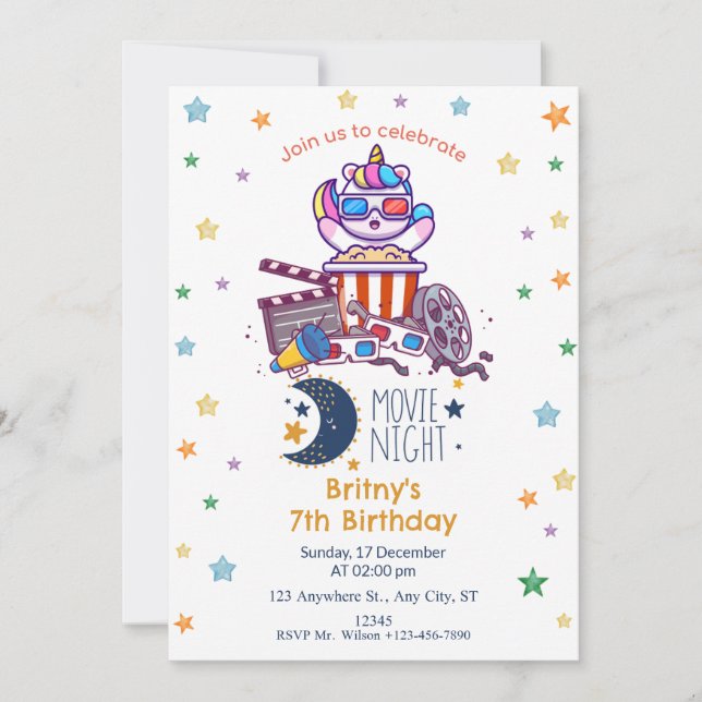 Invitación Fiesta del cumpleaños de la noche de la película d (Anverso)