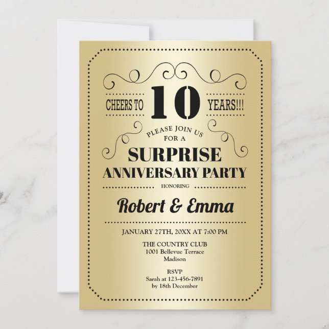 Invitación Fiesta del décimo aniversario de la sorpresa - Neg (Anverso)