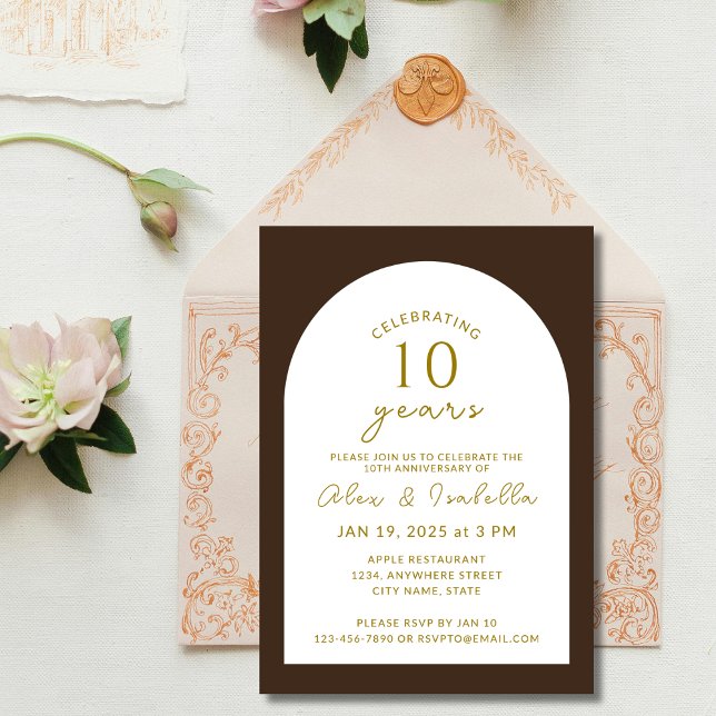 Invitación Fiesta del décimo aniversario del Boda Boho wood y (Modern wood brown and gold minimal elegant 50 years vow renewal wedding anniversary party invitation)