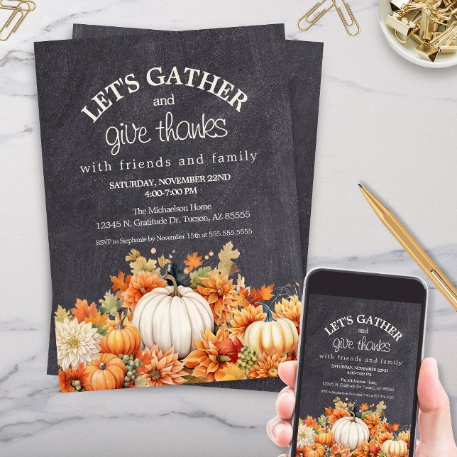 Invitación Fiesta del Día de Acción de Gracias de la Calabaza (thanksgiving invitation templates for fall autumn leaves pumpkins lets gather and give thanks)