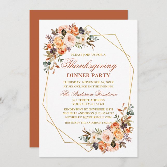 Invitación Fiesta del Día de Acción de Gracias Floral de otoñ (Anverso / Reverso)