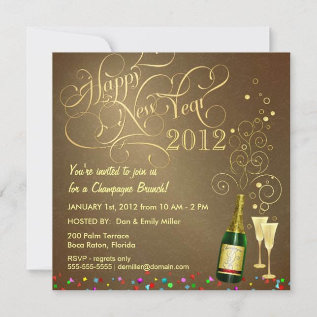 Invitación Fiesta del día de Año Nuevo - brunch de Champán (Anverso)